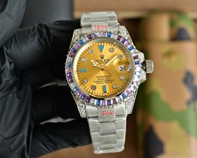 Rolex Submariner 3135 Movement 40mm Rainbow Diamond Bezel Yellow Face Watch